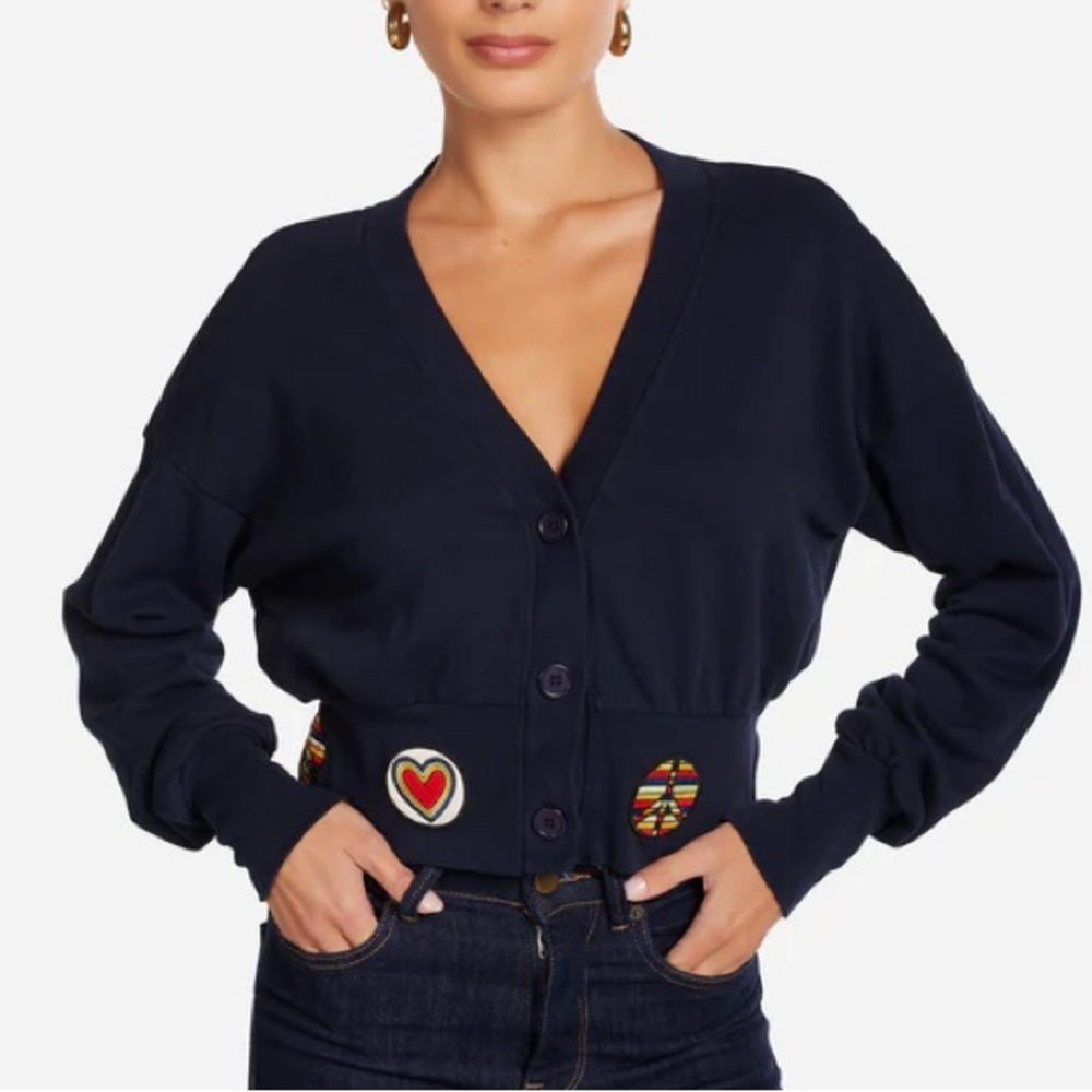 Lauren Moshi Cardigan Sweater CAMAS HIPPIE Peace Love PATCHES Size Small NWT
